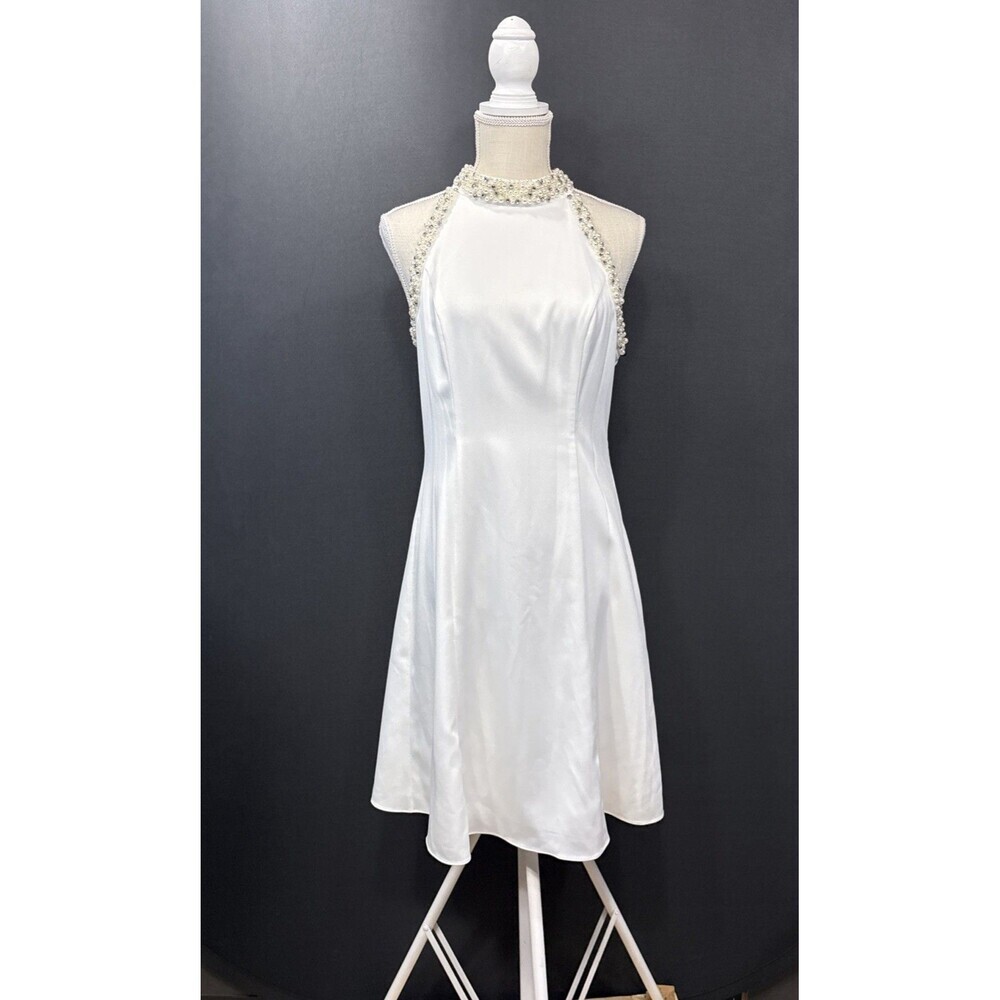 Adrianna Papell Beaded Rhinestone Halter Dress 8 Ivory Coquette Cocktail NWT
